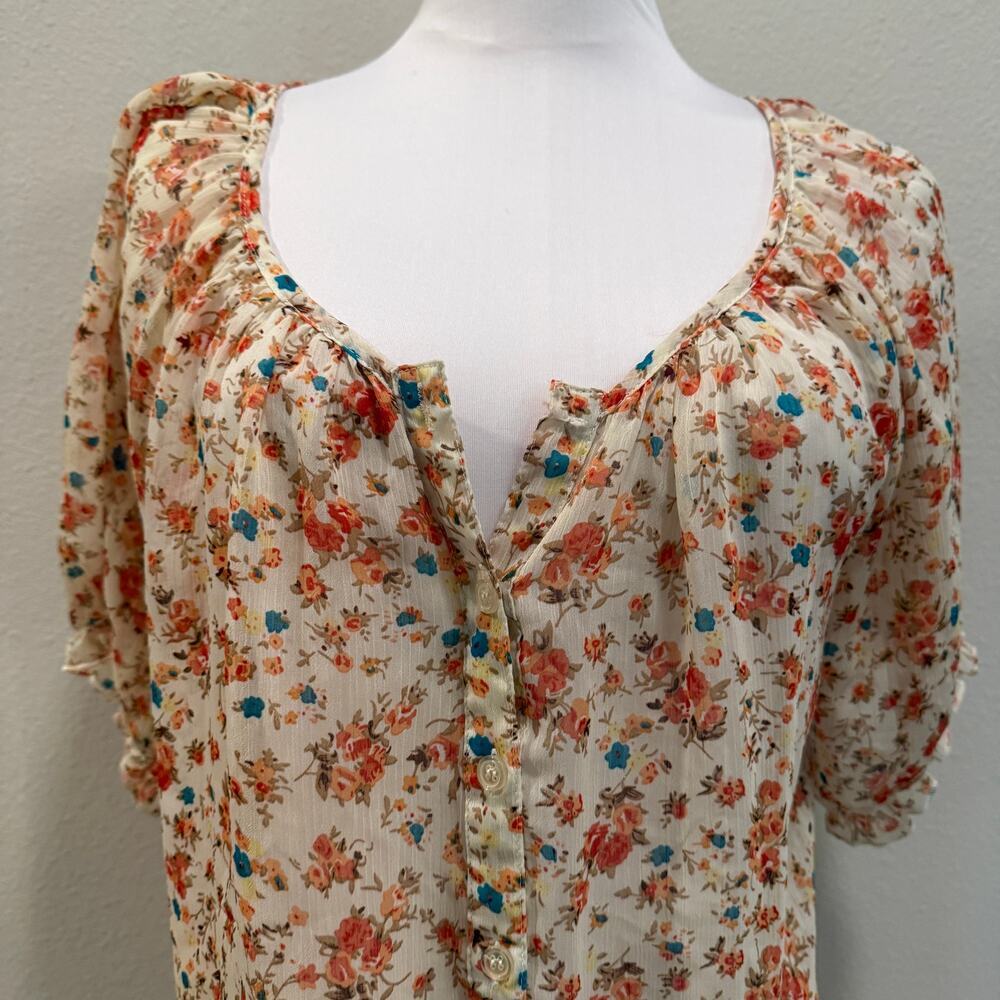 Poetry Sheer Floral Tie Front Peasant Blouse Boho Cottagecore Medium Coquette - Picture 4 of 10
